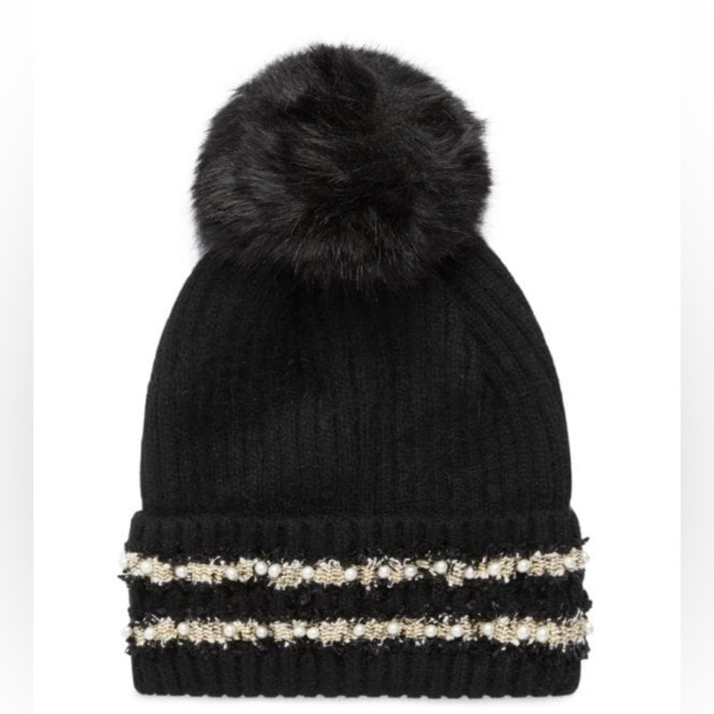 GLAMOURPUSS NYC Faux Fur Pom Pom Beaded Beanie